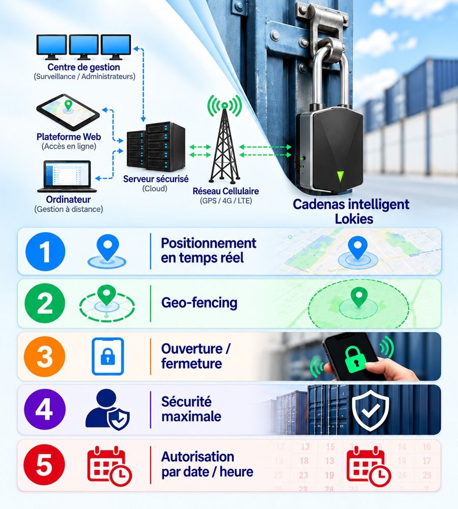 Cadenas intelligent Lokies relié à une plateforme Web sécurisée par réseau cellulaire